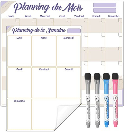 ANLIOTE Calendrier Tableau Blanc Planning Mois et Semaine Auto Adhésif pour Mur, Frigo, Surfaces Lisses Nano Technologie, Calendrier Mural 2025, Planificateur de Menus, Organisateur Familial,4 Feutres