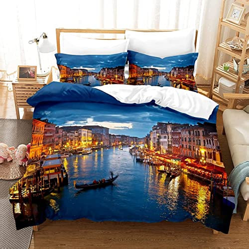 XXXXAWA Bettwäsche 135x200, 3D Venedig Wasserstadt Landschaft Weiche GebüRstet Mikrofaser Winter Bettzeug Set, Bettbezug + 2 Kissenbezug 80x80 cm mit ReißVerschluss