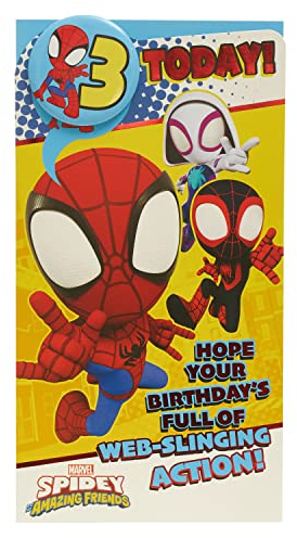 UK Greetings Marvel Geburtstagskarte zum 3. Geburtstag für Ihn/Jungen, Happy Birthday Geschenke, für Ihn, Jungen, Männer, Spiderman-Design, mit Abzeichen und Umschlag, 127 x 235 mm