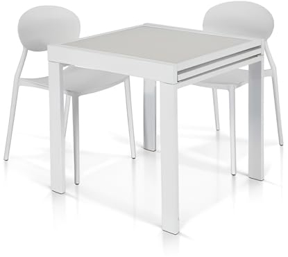 Mar.c.a. Design - Mesa extensible moderna hasta 180 cm, tablero de cristal blanco mate, base de metal y estructura color blanco - Medidas: 90 × 90 x 75 cm