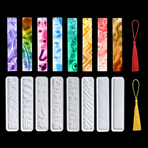 FineInno 2 Stück Lesezeichen Silikonform mit 10 Bunten Quasten (Farbe Zufällig) Bookmark Resin Molds Blätter Blumen Rechteckige Lesezeichen Harz Form Ohrringe Schmuck Gießform