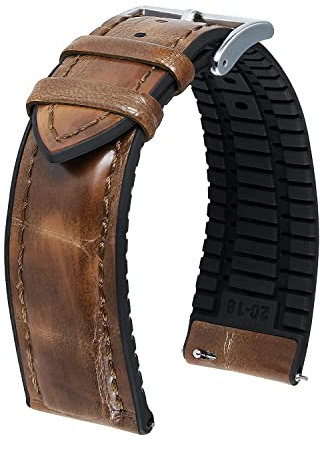 BINLUN Bracelet Montre en Cuir Motif Alligator et Silicone Hybrid Remplacement Bracelets de Montre à Dégagement Rapide pour Homme Femme(18mm,Marron Clair Boucle Argent)