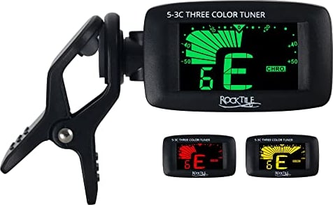 Rocktile 5-3C Three Color Clip-Tuner - Chromatisches Stimmgerät zum Anklemmen - Sehr gut lesbares Display in 3 Farben - 360° drehbarer Kopf im Querformat - Schwarz