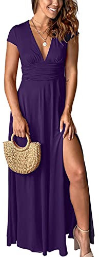 QUNERY Abiti Donna Estivi Casual Vestiti Lunghi Donna Estivi Manica Corta Vestito Donna Elegante Scollo a V Linea ad A con Spacco Maxi Abito Viola S