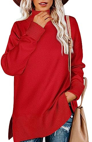 Aokosor Red Jumper Womens Turtle Neck Tops for Ladies Ribbed Sweater Split Tunic Size 10-12