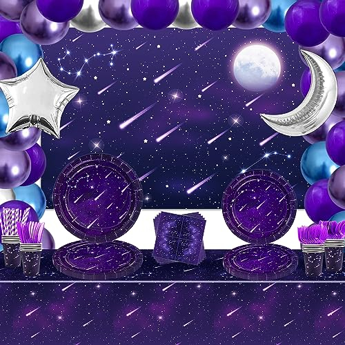 Inspireyee 146 Stück Weltraum Galaxie Party Dekoration Star Party Zubehör Lila Outer Space Theme Party Zubehör Galaxie Party Geschirr Set-Teller Servietten Weltraum-Thema Backdrop Favors für 20 Gäste