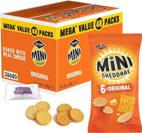 Jacob's Mini Cheddar's Original, Box Of 48 x 23g, On-The Go Snack Baked with Real Cheese With A Classic Recipe, Boxed Treatz