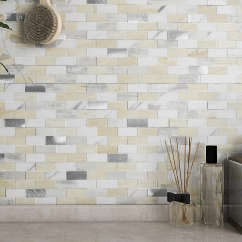 BeNice Marmorfliesen-Sticker sind ideal für die Renovierung von Küchen, Bädern, Toiletten und mehr. Fliesenmuster Umgestaltungsplatte Hitzebeständig Wasserdicht DIY Wandfliesen(Cremegrau,10Stücke)