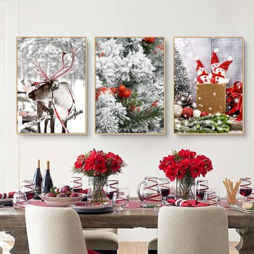 Herfair 3er Premium Poster Set, Moderne Natur Winter Weihnachten Elch Holzhaus Schneelandschaft Bilder,Leinwandbilder Wanddecor für Wohnzimmer Schlafzimmer Ohne Rahmen (B,50x70cm)