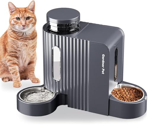 Gardner Pet 2 in 1 Automatic Cat Feeder and Water Dispenser 3L*2, Cat bowls with Stainless Steel Bowl, Gravity Dog Water Dispenser, 100% BPA-Free, No Electricity Required, Dark Grey