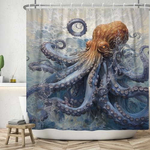 ASDCXZ Rideau de Douche 90x180 cm, Organismes Benthiques Peints à la Main Poulpe Lavables Rideau Douche imperméable en Textile de pour Baignoire avec 6 Crochets