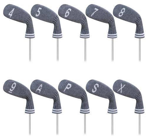 LeFeng 10 Pieces 4-9/A/P/S/X Knitted Golf Iron Head Covers Set Lightweight and Durable Material Multiple Patterns Golf Club Head Covers (Grey)