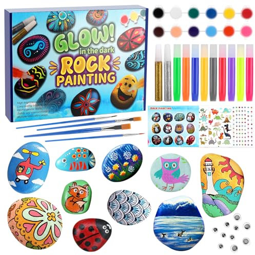 Collazoey 12 Stück Steine Bemalen Set, Nachtleuchtendes Kreativ Steinmalerei, Steine Bemalen Bastelsets, Bastelset Stein Malen Set, Bastelsets Malset Spielzeug Geschenk für Kinder 6-12 Jahre