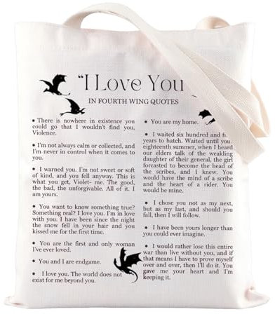 Einkaufstasche mit Zitaten von Fourth Wing, Motiv: Drachenreiter, wiederverwendbare Einkaufstasche, Bücherwurm, Schultertasche, Love You Tragetasche mit 4 Flügeln, 32*37CM