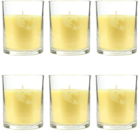 Pack de 6 Velas Aromáticas en Vaso de Cristal Reciclable 125g - 28h de Duración,Cera Vegetal Perfumada, Fabricadas en España, 8.5x7cm (Jazmin)