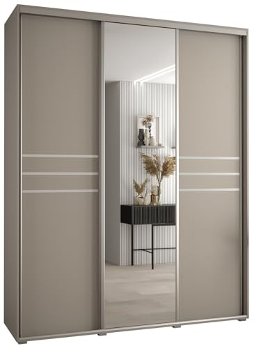 MEBLE KRYSPOL Dakota 11 Schrank mit DREI Schiebetüren - Moderner Kleiderschrank mit Spiegel, Kleiderstange und Regalen - 235,2x200x60cm - Kaschmir Silber