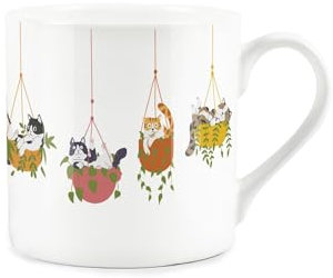Hanging Plants Cat Mug - Novelty Plant/Cat Present Bone China White Mug - Tea/Coffee Gift for Cat Lovers