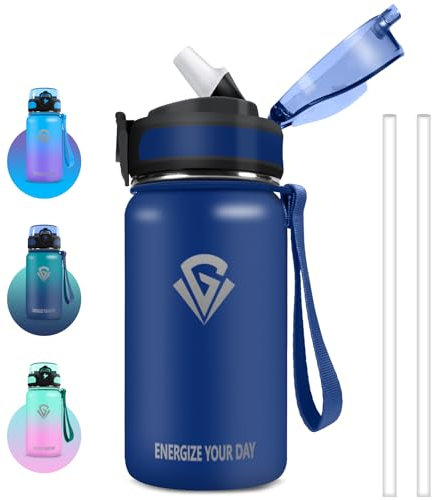 Grsta Botella Agua Acero Inoxidable, 500ml Botella Agua Niños, Botella con Pajita a Prueba de Fugas, Cerradura Segura, Botella de Agua Deportiva sin BPA, Doble Pared al Vacío, para Escuela, Oficina