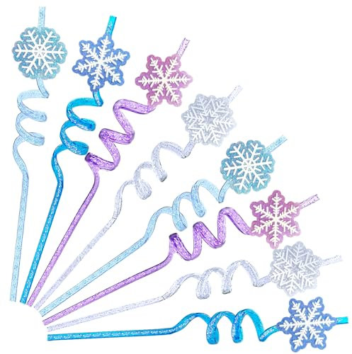 24Pcs Glitter Reusable Frozen Plastic Straws Drinking Straws, 4 Snowflake Shape & 4 Colors, Frozen Party Decoration Birthday Party Supplies