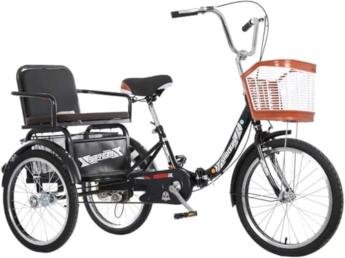3 Räder 20 Zoll faltbares Dreirad für Erwachsene mit stabilem Einkaufskorb, Rücksitz, Fahrradpedal, Kreuzfahrtrad, Einzelgeschwindigkeit, Doppelkette, Radfahren, Treten (schwarz)