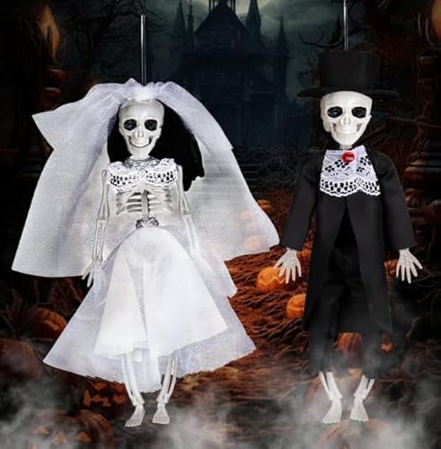 Halloween Deko Skelett 30cm Halloween Skelett Deko Gruselig Braut und Bräutigam Hängende Skelett Deko aus Kunststoff, Halloween Tischdeko Halloween Dekoration für Outdoor Garden Spukhaus Party