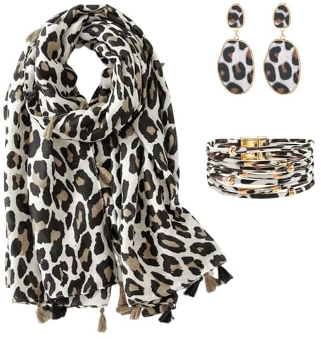 KRUIHAN Schal Damen Winter Schal Leopardenmuster Damen mit Ohrringe und Armband Stola Damen Warm Schals & Tücher für Damen,Geschenke für Frauen,Style B-Schal Beige 3er Set