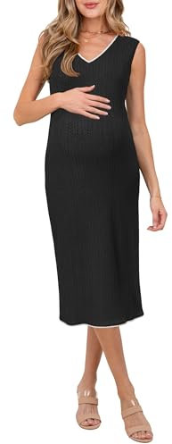OUGES Femme Midi Robe d'allaitement 2025 Eté Décolleté en V sans Manches Festif Robe de maternité Bodycon Robes pour Femmes Enceintes