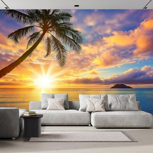 Fototapete Sonnenuntergang Meer 3D Effekt 450×315cm,Wandtapete Strand Mit Palmen Bildtapete Schlafzimmer Wohnzimmer Wand Dekoration