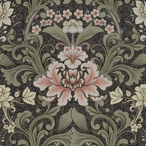 Abyssaly 17.7in x 118in William Morris Floral Wallpaper Peel and Stick, Vintage Flower Wall Murals, Removable Self-Adhesive Printed Dark Green Pink Contact Paper for Home Kitchen Bedroom Decor