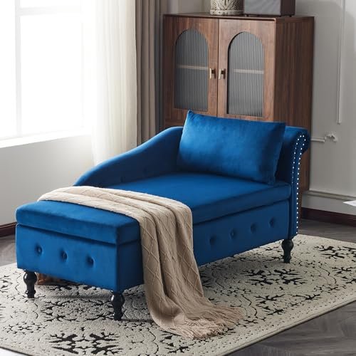 Velvet Chaise Lounge Sofa with Storage, Upholstered Lounge Chair with Pillow, Modern Button-Tufted & Nailhead Trim Chaise Lounge, Indoor Right Armrest Couch for Living Room, Bedroom, Office (Blue)