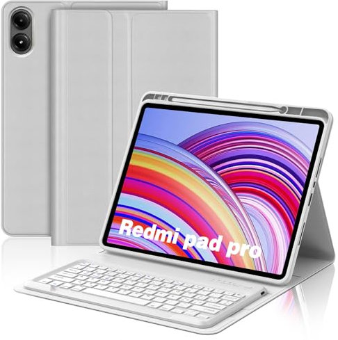 Custodia Tastiera per Xiaomi Redmi Pad Pro 12.1/Xiaomi Poco Pad 12.1, Cover Tastiera Redmi Pad Pro, Italiana QWERTY Tastiera Bluetooth Staccabile per Xiaomi Redmi Pad Pro 12.1, Grigio chiaro