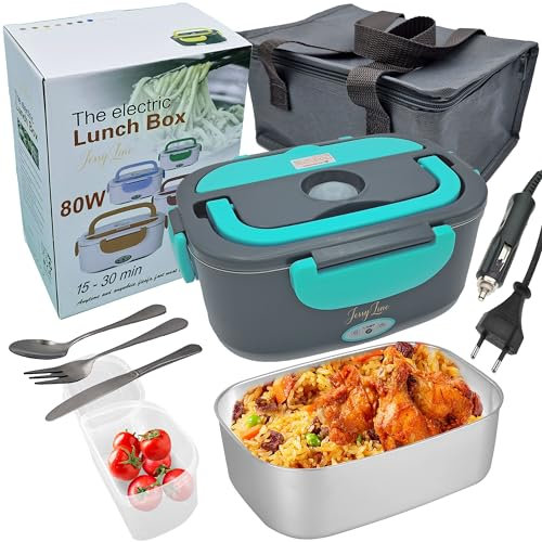JessyLine Fiambrera eléctrica portátil moderna y versátil 80W 12V/24V/220V Coche camión y Oficina Calienta comida sin microondas lonchera contenedor acero inoxidable 1,5L Una división, Gris turquesa