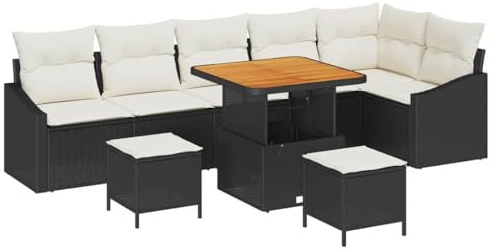 vidaXL 9-teiliges Garten-Sofa-Set mit cremefarbenen Kissen, Outdoor-Möbel, Poly-Rattan, schwarzes Ecksofa für die Terrasse, inklusive Kaffeetisch und perfekt zum Entspannen im Freien
