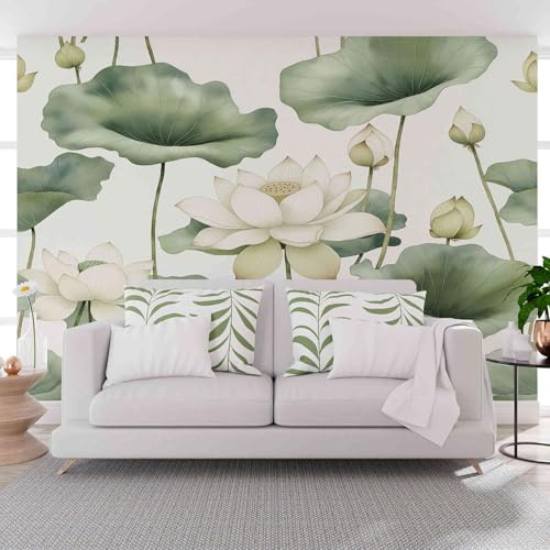 Kntnshac Lotus Végétal Papier Peint Intissé Coucher, Cuisine, Armoires, Blanc Papier Peint Panoramique 3D 300 x 210 cm (L x H)