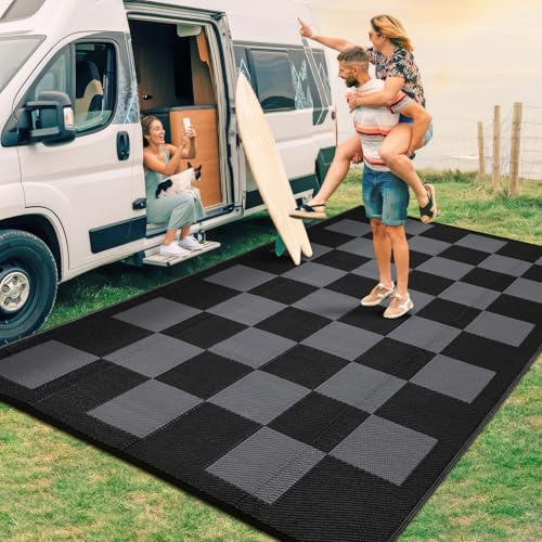 GlowSol Outdoor-Teppich für Terrasse, groß, modern, wendbar, faltbar, leicht, Kunststoff, Stroh, Wohnmobil-Teppich, geometrisches Karomuster, für drinnen und draußen, für Picknick, Veranda, Strand