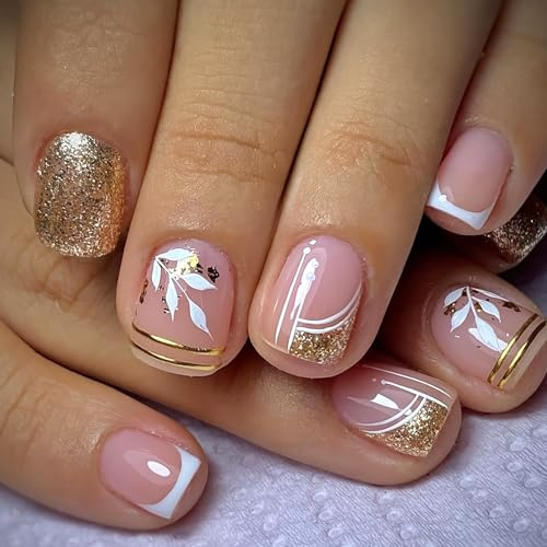 Viugex 24 Pièces Rose Française Faux Ongles, Court Carrés Capsules Ongles avec Bordure Blanche, Paillettes Dorées Press on Nails, Couverture Complète Acrylique Faux Ongles Autocollants pour Femmes