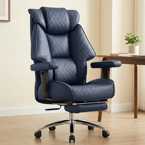 EXCEBET XXL Chefsessel bis 180kg Belastbar, Ergonomischer Bürostuhl mit Taschenfederkern, Breiter Drehstuhl für Schneidersitz, Dick Gepolstert, Hochlehner Managerstuhl mit Lendenwirbelstütze (Blau)