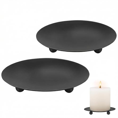 2PCS Retro Metal Candle Holder Plates (3.5 Inch) - Pillar Candle Stand & Tray Set Premium Round Metal Plates & Trays for Christmas, Wedding, Party & Home Dinner Table Decor (Black)