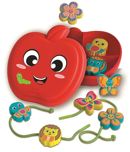 Clementoni Baby Happy Apple & Friends, Montessori-Spiel zum Einfädeln, pädagogische Aktivität Kinder ab 18 Monaten, fördert die Feinheit und Logik, mit 8 Figuren, Made in Italy, 17600