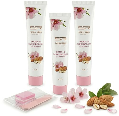 Sabrina Rudnik Hand & Nagelbalsam Mandelöl 3er-Set (3 x 45 ml) inkl. Maniküre-Set von COSMEZIA | Pflegende Handcreme mit Vitamin E | Feuchtigkeit für trockene Hände & Nägel