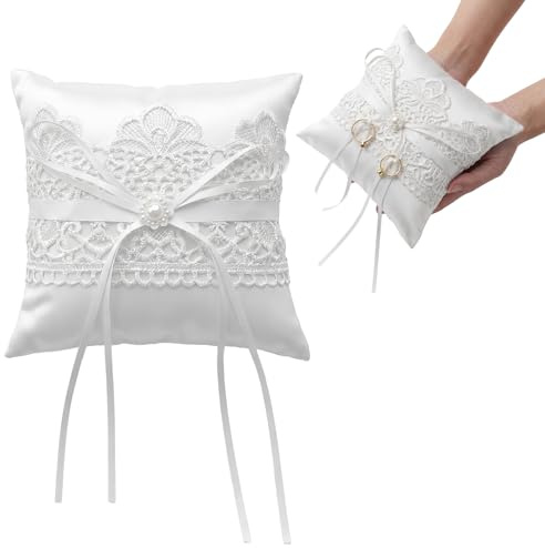 Wedding Ring Bearer Pillow, Elegant Lace And Pearl Design, Lace Fairy Ring Pillow White Polyester Cushion For Ceremony And Anniversary, Engagement Party & Bridal Shower Decor 5.9 X 5.9 Inches