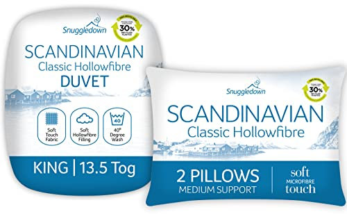 Snuggledown Soft Touch King Size Duvet 13.5 Tog & 2 Pillows - Extra Warm, Thick & Cosy Winter Quilt for Chilly Nights | UK-Made, Satin Striped Cover, Non-Allergenic, Machine Washable (225 x 220cm)