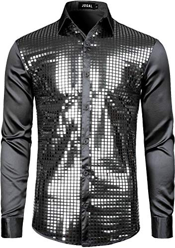 JOGAL Mens Dress Shirt Silver Sequins Long Sleeve Button Down 70s Disco Shirt Party Costume Medium Black