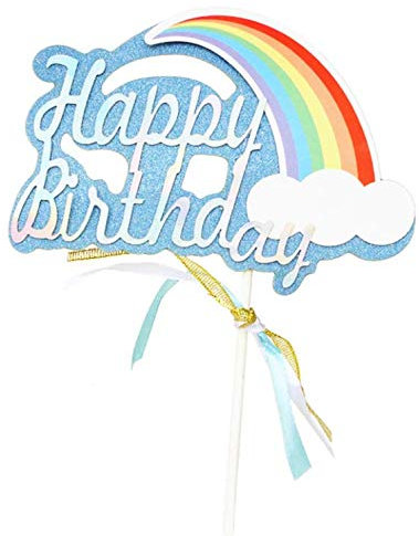 AILEXI Handgemachte 1 Count Glitter Kuchen Dekorieren Toppers - Happy Birthday Hellblau und Silber Regenbogen