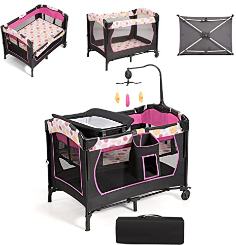 COSTWAY 4 in 1 klappbares Reisebett & Beistellbett & Wickeltisch & Laufstall, 2 Ebenen Babybett höhenverstellbar mit Tragetasche, Matratze & Spieluhr, Mobile Stubenwagen, 15 kg belastbar (Rot)