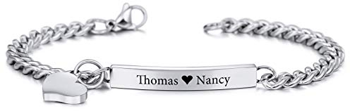 INBLUE Personalisierte Armband Benutzerdefinierte Gravur Name Datum ID für Frauen Mädchen Freundin Edelstahl Bar Fußkettchen mit Herz Anhänger Freundschaft Brautjungfer Schmuck Geschenk(Silber Farbe)