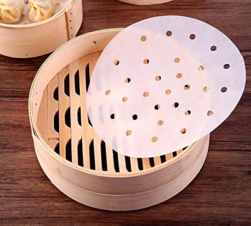 200pcs Air Fryer Liners, 10 inches Bamboo Steamer Liners, Premium Perforated Parchment Steaming Papers, Non-stick Steamer Mat Liner for Air Fryers Baking Cooking Oven