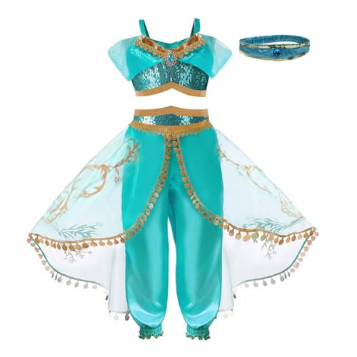 ENNOTEK Robe Jasmine pour enfants – Costume de princesse pour filles – Tenue de costumade deux pièces à paillettes pour anniversaire, journée mondiale du livre, Noël, 5 à 6 ans