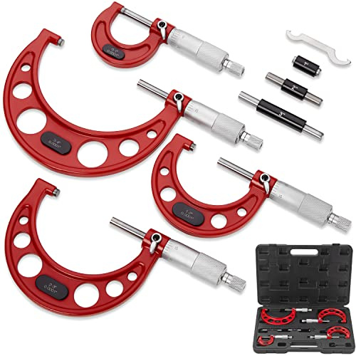 Premium Outside Micrometer Set 0-4 / 0.0001 (0-1/1-2/2-3/3-4) Precision Machinist Tools w/Carbide Tips, Standards, Ratchet Stop
