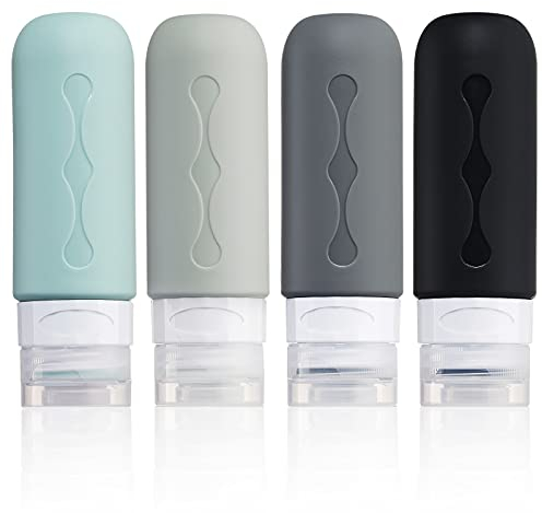 Gemice Silikon Reiseflaschen 90ml Set, 4 Stück auslaufsichere Reise Container und Reise Toilettenartikel Set, FDA zugelassene nachfüllbare Flüssigkeitsbehälter für Shampoo Creme Spülung Körperpflege